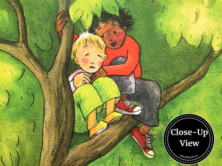 A close-up of a girl consoling a crying boy in a treehouse in Children's Tree Wall Mural from About Murals.