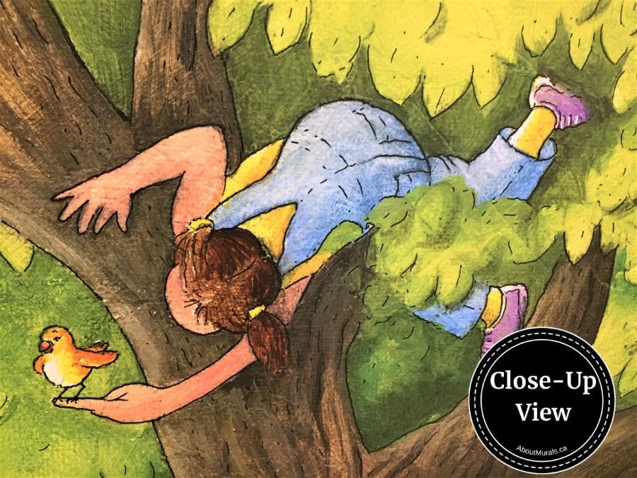 A close-up of a girl helping a bird in a tree house in Children's Tree Wall Mural from About Murals.