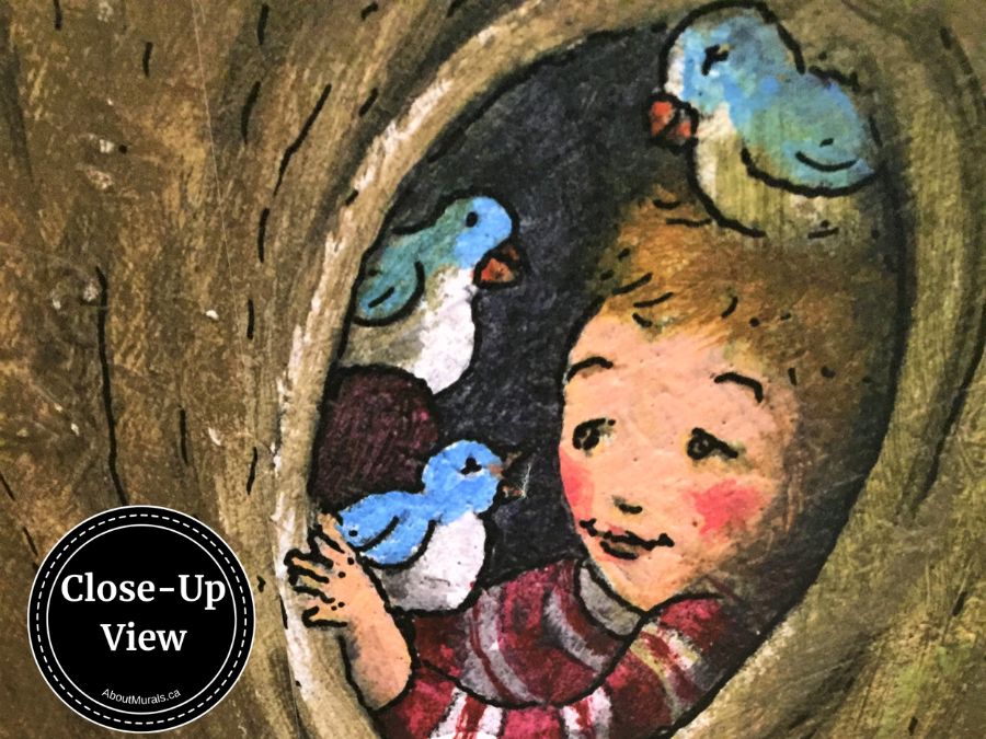 A close-up of a boy playing hide and seek in a treehouse in Children's Tree Wall Mural from About Murals.