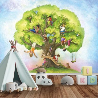 Children's Tree Wall Mural, as seen in this kids room, is a wallpaper featuring kids playing in a treehouse from About Murals.