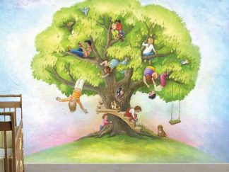 Childrens Tree Wall Mural, as seen in this nursery, is a kids wallpaper with kids and animals playing in a treehouse from About Murals.