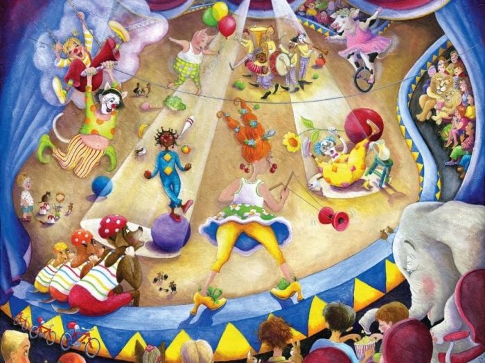 Circus Wall Mural is a kids wallpaper featuring whimsical animals and people performing in the center ring from About Murals.