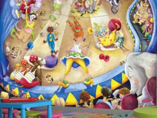 Circus Wall Mural, as seen in this kids playroom, features clowns, acrobats, an elephant, lion, cow and pig performing in the big top from About Murals.