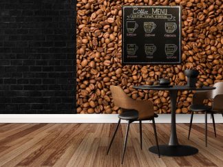 Coffee Beans Wallpaper, as seen on the wall of this coffee shop, is a close-up photo mural of rich brown coffee beans adding a rustic feeling from About Murals.