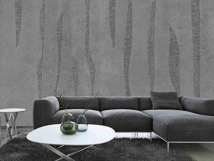 Concrete Waves Wall Mural, as seen in this living room, is a realistic concrete effect wallpaper with vertical pressed stripes from About Murals.