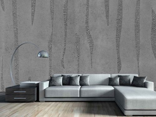 Concrete Waves Wall Mural, as seen in this living room, is a grey, realistic concrete wallpaper with vertical textured waves from About Murals.