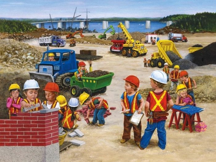 Construction Wallpaper is a cute kids mural with children working on a construction site building brick walls and bridges from About Murals.