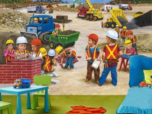 Construction Wallpaper, as seen on the wall of this kids bedroom, is a transportation mural with children working on a job site with a dump truck, digger, bulldozer, front loader and a crane from About Murals.