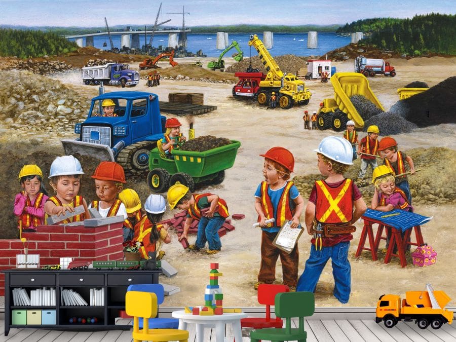 Construction Wallpaper, as seen on the wall of this playroom, is a kids mural of children acting as workers, building a brick wall and driving vehicles on a construction site from About Murals.