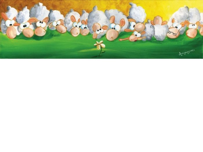 Cute Sheep Wallpaper is a kids mural featuring white sheep on a yellow and green background from About Murals.