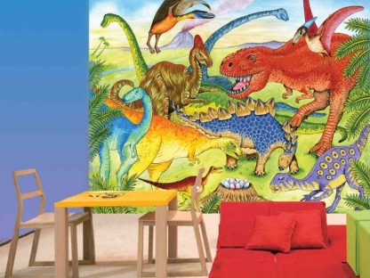 Dinosaur Wallpaper, as seen on the wall of this kids bedroom, features 11 colourful dinosaurs guarding eggs from About Murals.