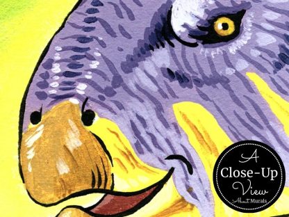 A close-up view of a purple dinosaur face from About Murals.