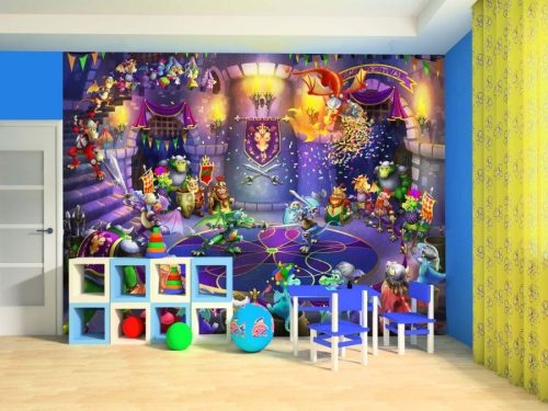 Dragon Festival Wall Mural, as seen in this kids room, is a purple dragon wallpaper with dragons, dinosaurs, princesses and vikings watching a sword fight from About Murals.
