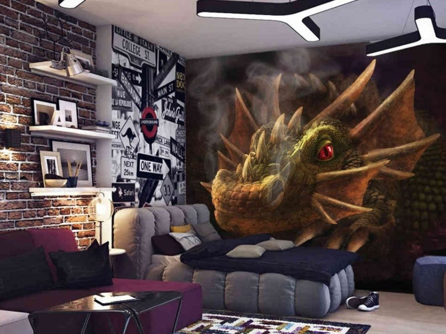 Dragon Wallpaper, as seen on the wall of this bedroom, features a green dragon with red eyes and smokey nostrils, against a black background from About Murals.