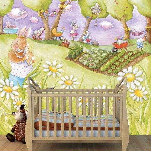 Dream Time Wall Mural, as seen in this nursery, is a kids wallpaper featuring rabbits, sheep and pigs rocking their babies to sleep on a farm from About Murals.