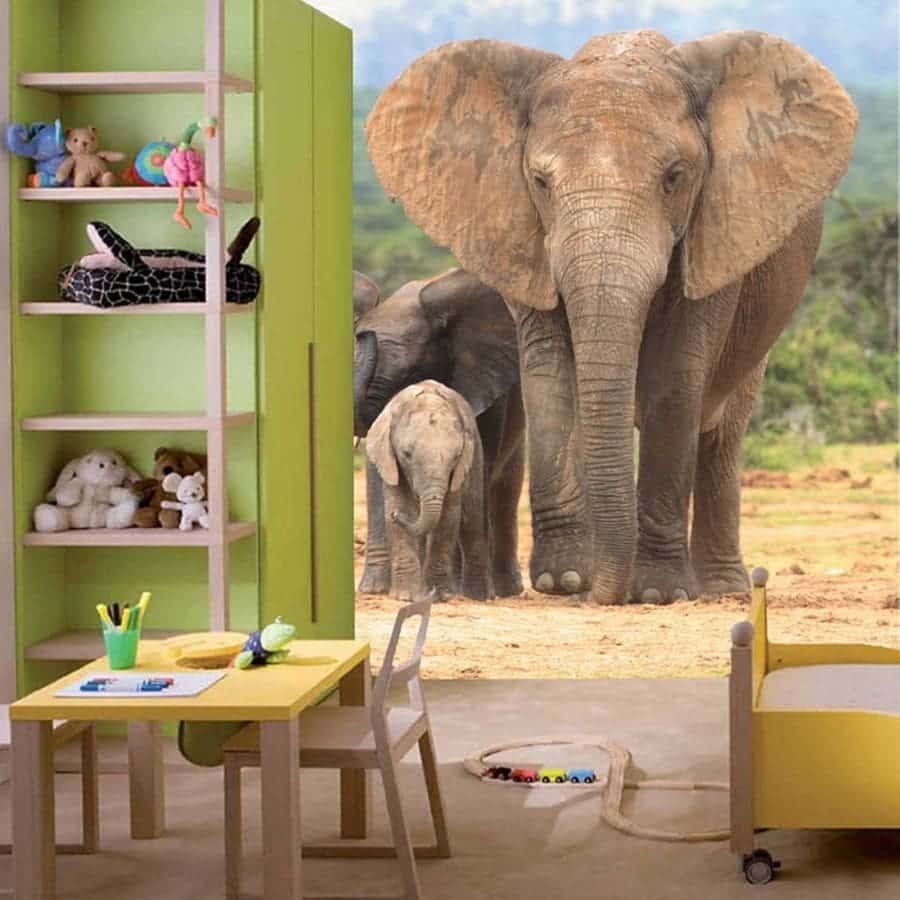 Elephant Mural, as seen in this bedroom, is an animal wallpaper featuring a brown mother elephant with her two cute elephant calves from About Murals.