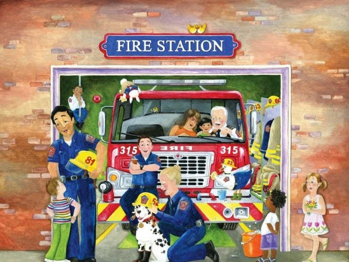 Fire Station Wall Mural is a kids wallpaper featuring firefighters, children and a dalmatian in a fire truck from About Murals.