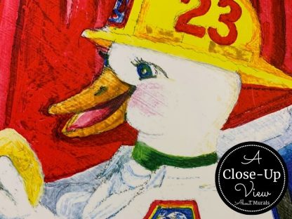 A close-up view of a duck wearing a fire fighter uniform in a fire station wall mural from About Murals.