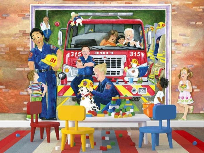 Fire Station Wall Mural, as seen in this kids room, is a wallpaper featuring fire fighters, kids and animals near a fire truck from About Murals.