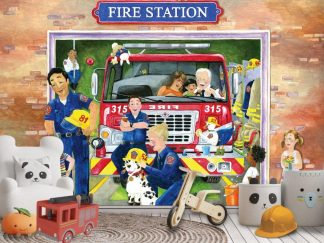Fire Station Wall Mural, as seen in this playroom, is a kids wallpaper with fire fighters hanging out near their fire truck at the fire station from About Murals.