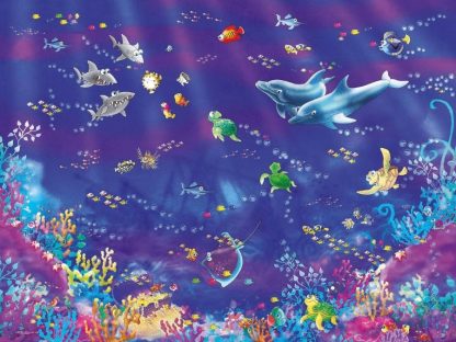 Fish Wall Mural is an under the sea wallpaper with dolphins, sharks, turtles, fish and coral from About Murals.