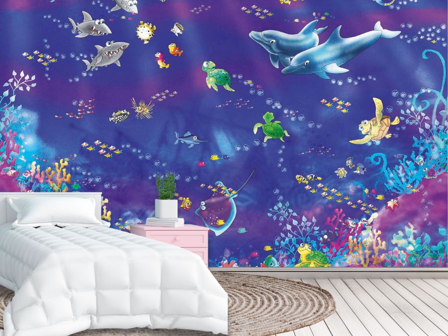 Fish Wall Mural, as seen on the wall of this under the sea bedroom, is a kids wallpaper featuring dolphins, sharks, sea turtles and fish swimming in the blue ocean against colourful coral from About Murals.
