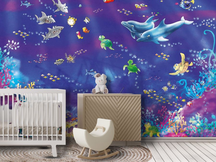 Fish Wall Mural, as seen on the wall of this under the sea nursery, is a kids wallpaper featuring dolphins, sharks, sea turtles and fish swimming undersea in colorful coral from About Murals.