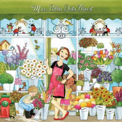 Flower Shop Wallpaper is a kids mural featuring children helping Miss Polka Dots Florist display her flower in her store from About Murals.