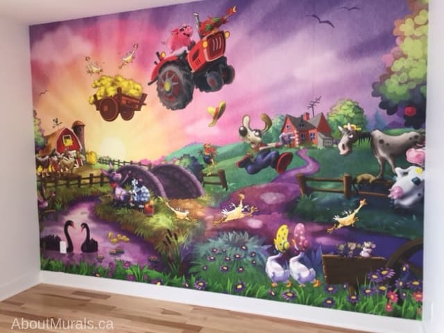 Funny Farm Wall Mural, as seen in this bedroom, features a cow, horse, pig, rooster, chicken, swan, geese and a dog acting silly on a farm. Kids wallpaper sold by AboutMurals.ca