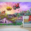 Funny Farm Wall Mural, as seen in this nursery, is a farm wallpaper with a pig flying a tractor while a horse, cow, ducks, chicken, dog and donkey look on.