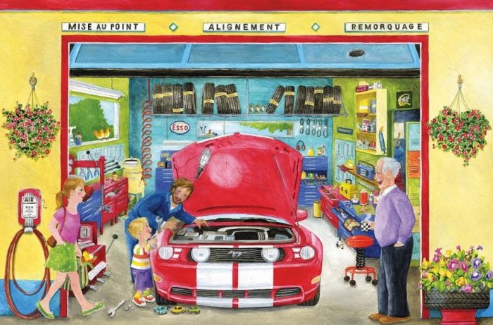 Garage Wallpaper is a car mural featuring an auto mechanic teaching a kid how to fix a Ford Mustang from About Murals.