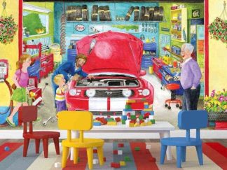Garage Wallpaper, as seen on the wall of this kids room, features a mechanic teaching a boy how to repair the engine of a red car sold by About Murals.