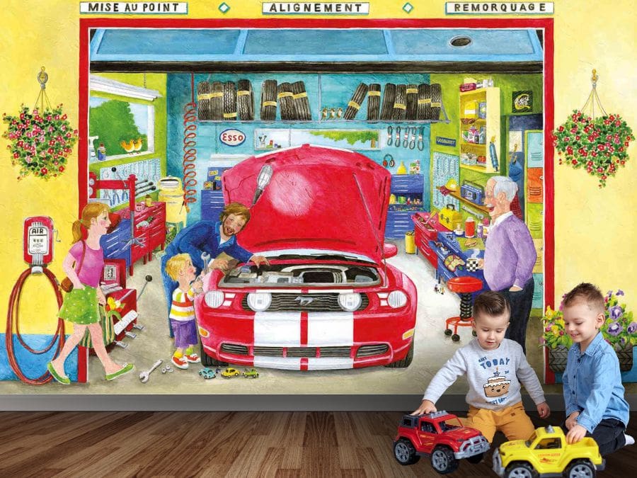 Garage Wallpaper, as seen on the wall of this preschool, is a kids mural featuring a child helping a mechanic fix a red Ford Mustang at a mechanic shop from About Murals.