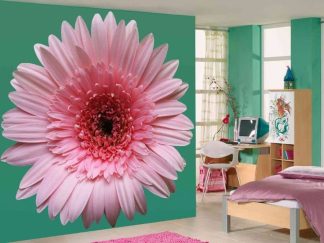 Gerbera Flower Wallpaper, as seen on the wall of this bedroom, features a beautiful, large, pink daisy-like flower from About Murals.