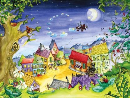 Good Night Wallpaper is a kids mural featuring a sleepy village at night from About Murals