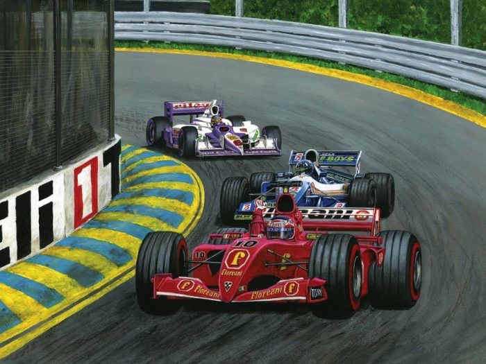 Grand Prix Wall Mural is a car wallpaper featuring red, blue and purple race cars speeding on a track from About Murals.
