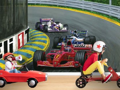Grand Prix Wall Mural, as seen in this preschool, is a kids wallpaper featuring purple, blue and red race cars speeding around the corner of a race track from About Murals.