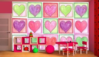 Heart Wallpaper, as seen on the wall of this kids room, features green, purple and pink hearts in squares from About Murals.