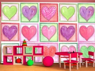 Heart Wallpaper, as seen on the wall of this kids room, features green, purple and pink hearts in squares from About Murals.