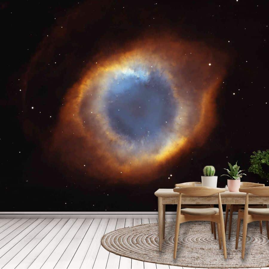 Helix Nebula Wallpaper, as seen on the wall of this kitchen, is a mural created from a NASA photo of the Caldwell 63 nebula against a black galactic sky from About Murals.