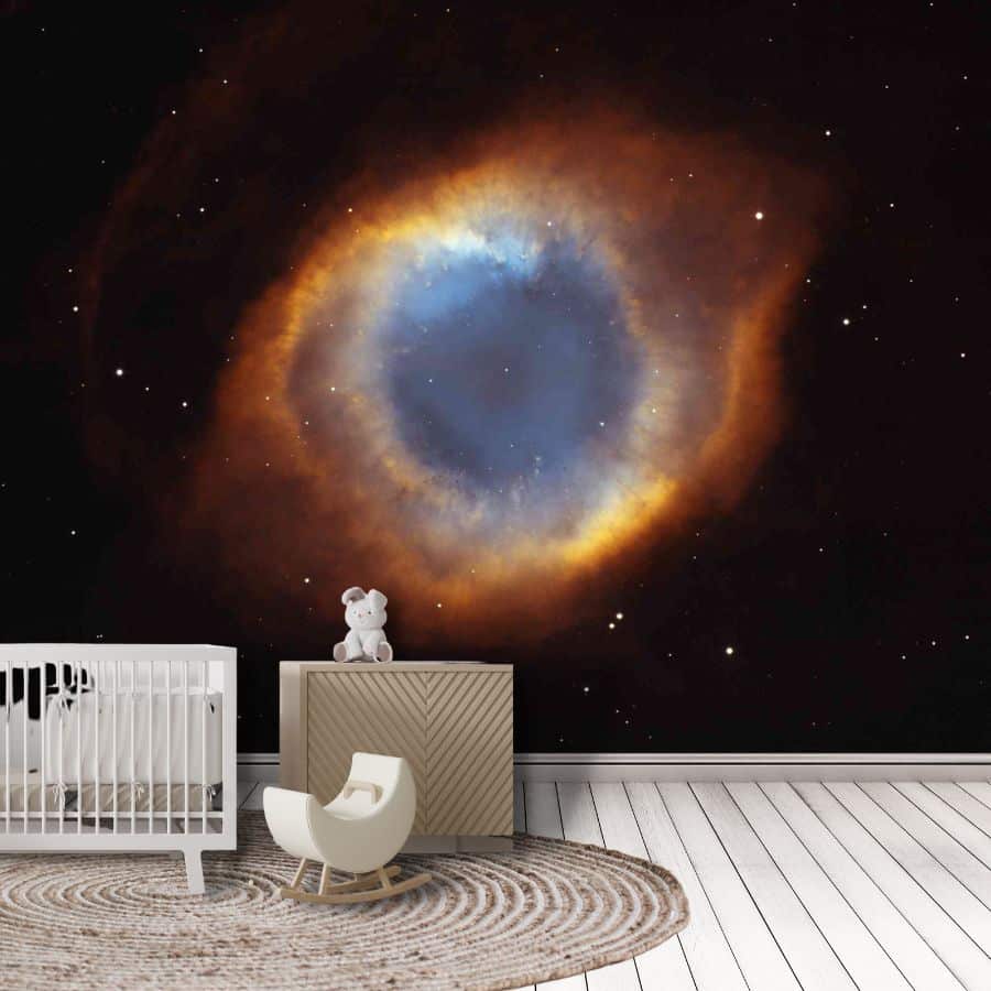 Helix Nebula Wallpaper, as seen on the wall of this nursery, is a mural of the Eye of God created from a NASA photo from About Murals.