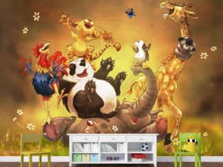 Hoorah Wall Mural, as seen in this kids room, is a cartoon animal wallpaper for kids with a panda, koala bear, giraffe, cat, rooster, elephant and penguin from About Murals.