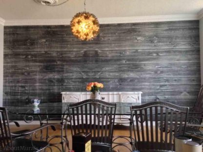 Horizontal Barn Wood Wall Mural Black and White, as seen in this grey dining room, is a realistic, rustic wood wallpaper. Wood wall murals sold by AboutMurals.ca.