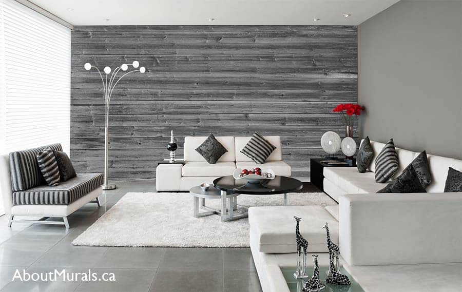 Horizontal Barn Wood Wall Mural Black and White, as seen on the wall of this modern living room, is a wood wallpaper with grey barn wood planks from About Murals.