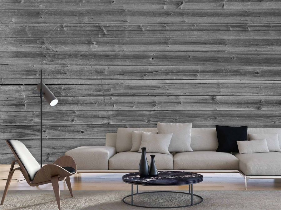 Horizontal Barn Wood Wall Mural Black and White, as seen on the wall of this monochrome living room, is a wood wallpaper with grey planks from About Murals.