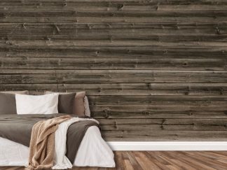 Horizontal Barn Wood Wallpaper, as seen on the wall of this bedroom, is a high quality photo mural of rustic wood planks from About Murals.
