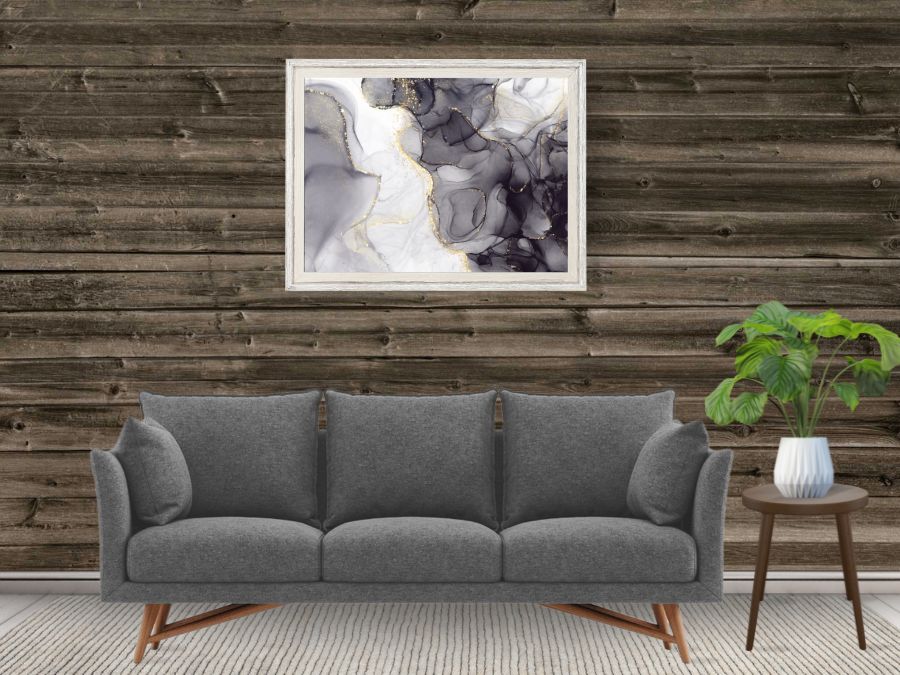 Horizontal Barn Wood Wallpaper, as seen on the wall of this grey living room, is a high resolution photo mural of realistic barnwood planks from About Murals.