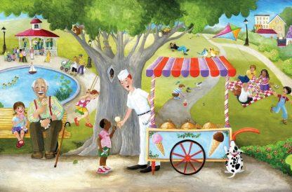 Ice Cream Cart Wallpaper is a kids mural featuring children eating ice cream at a park from About Murals.