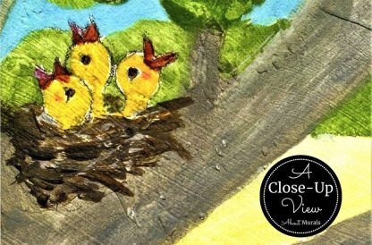 A close-up view of yellow chicks in a nest in a kids mural from About Murals