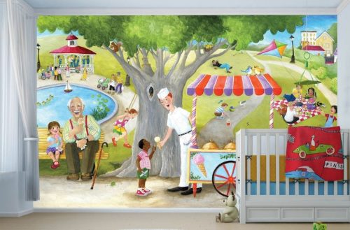 Ice Cream Cart Wallpaper, as seen on the wall of this nursery, is a kids mural featuring children eating ice cream at a park from About Murals.